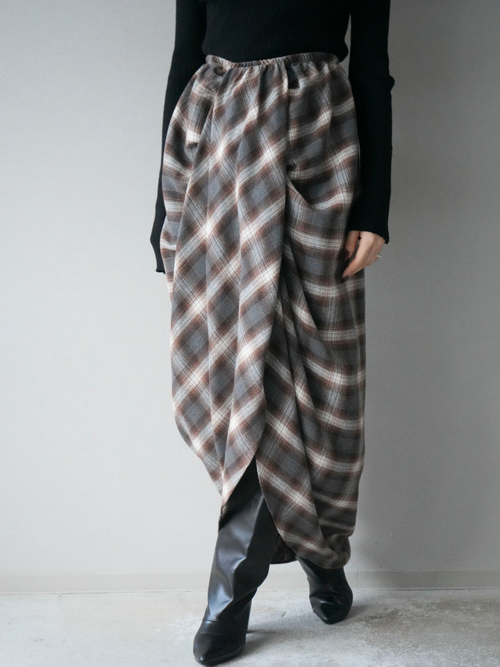 [予約]タックデザインチェックスカート/ブラウン