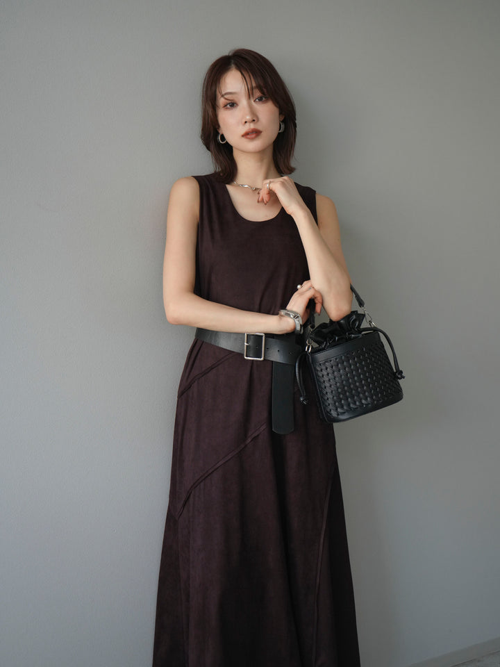 [予約]スエードアウトシームデザインベルト付ワンピース/bordeaux