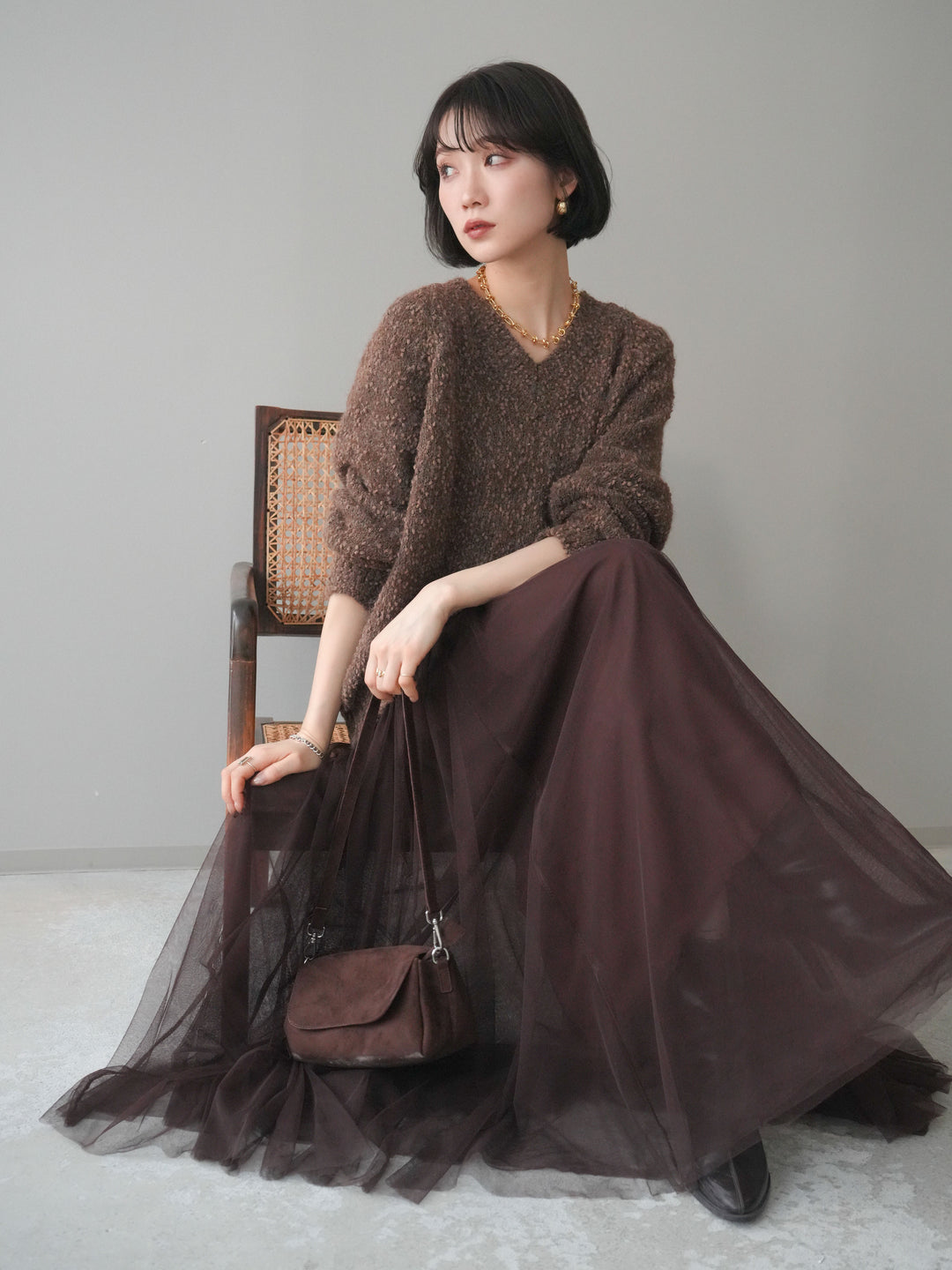 [SET]Vネックスラブニットプルオーバー+選べるアクセセット(2set)