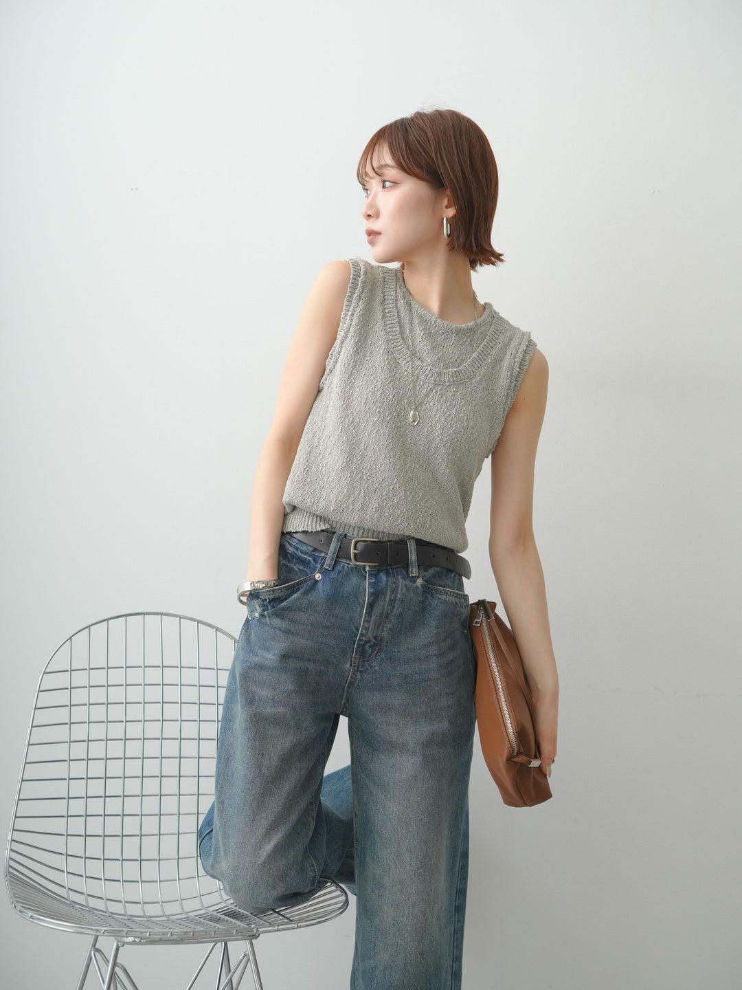 [予約]アウトリンキングノースリニットトップス/gray