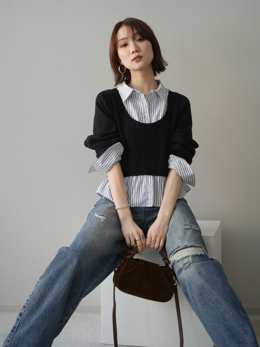 [予約]ストライプシャツUネックドッキングニットプルオーバー/blackoffstripe