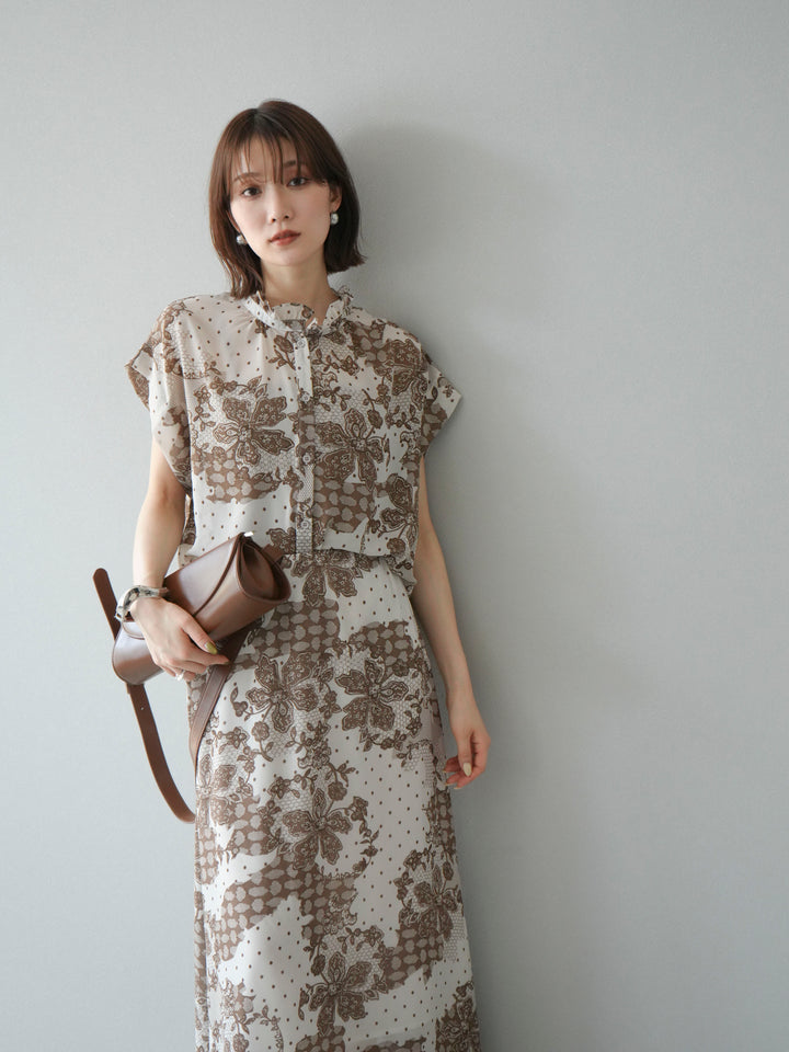 [SET] 花朵圖案法式袖襯衫 + 花朵圖案喇叭裙 (2 套)