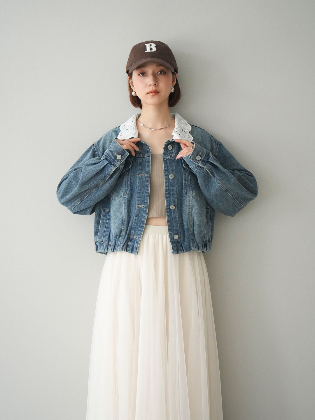 [SET]襟レースデニムショートジャケット+選べるアクセセット(2set)