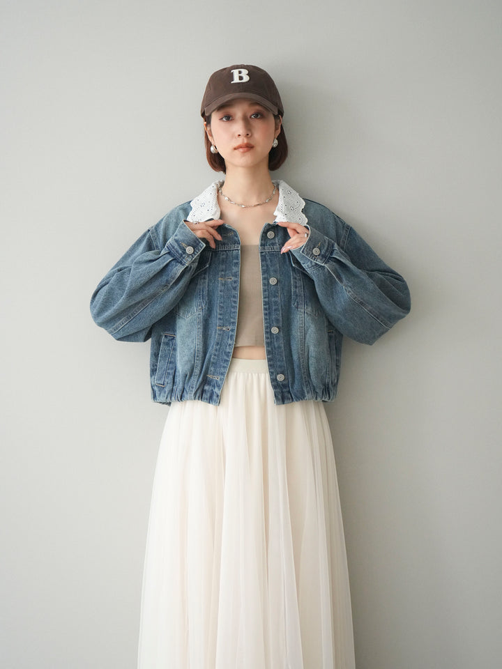 [SET]襟レースデニムショートジャケット+選べるアクセセット(2set)