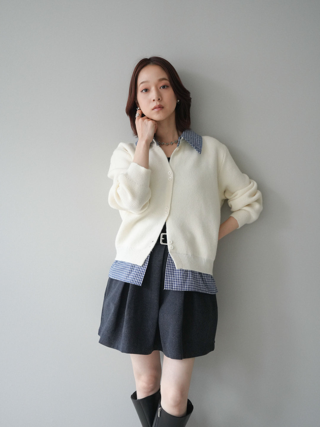[SET]チェックシャツ襟ニットカーディガン+ベルト付きタックミニスカート(2set)