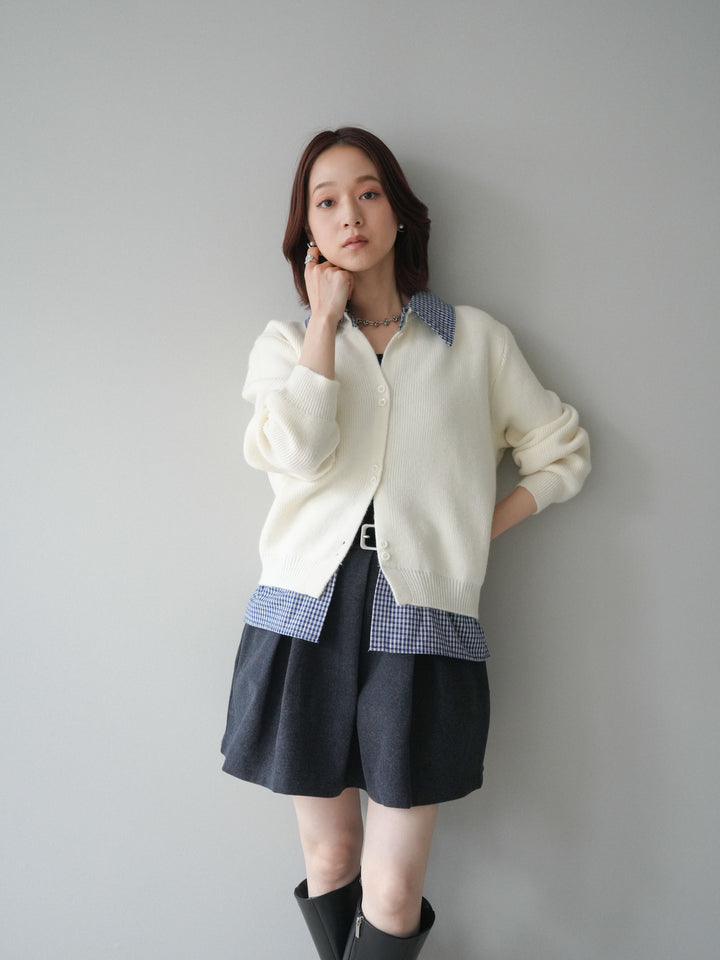 [SET]チェックシャツ襟ニットカーディガン+ベルト付きタックミニスカート(2set)
