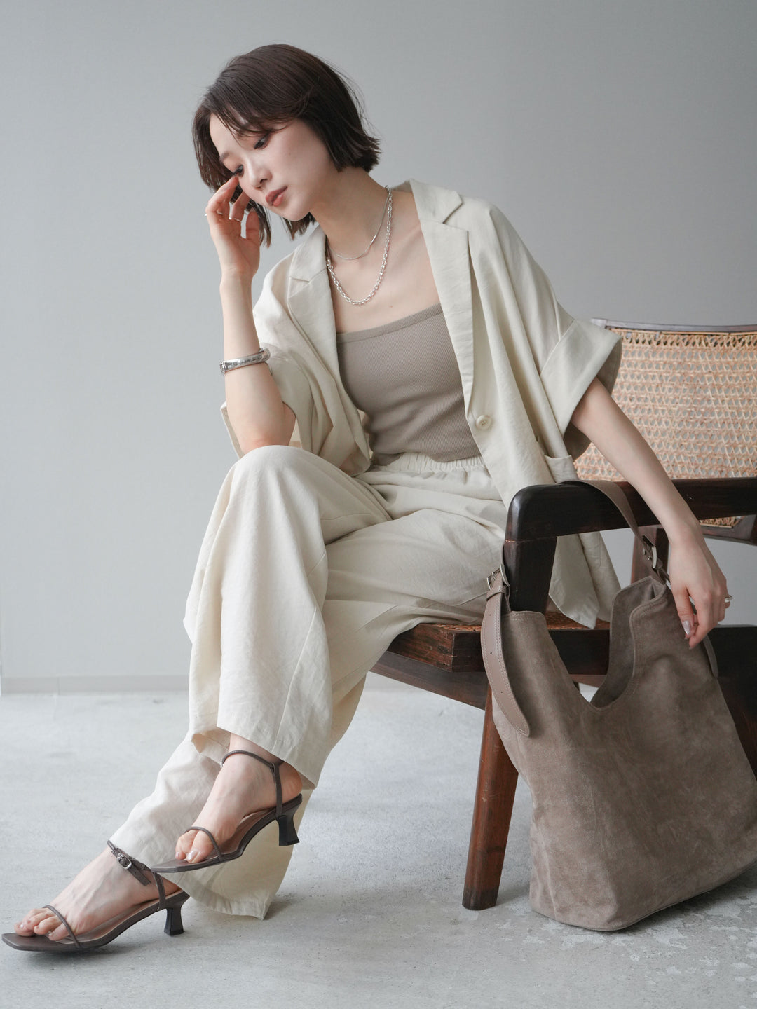 [SET]ハーフスリーブオーバージャケット+リラックスワイドパンツ(2set)