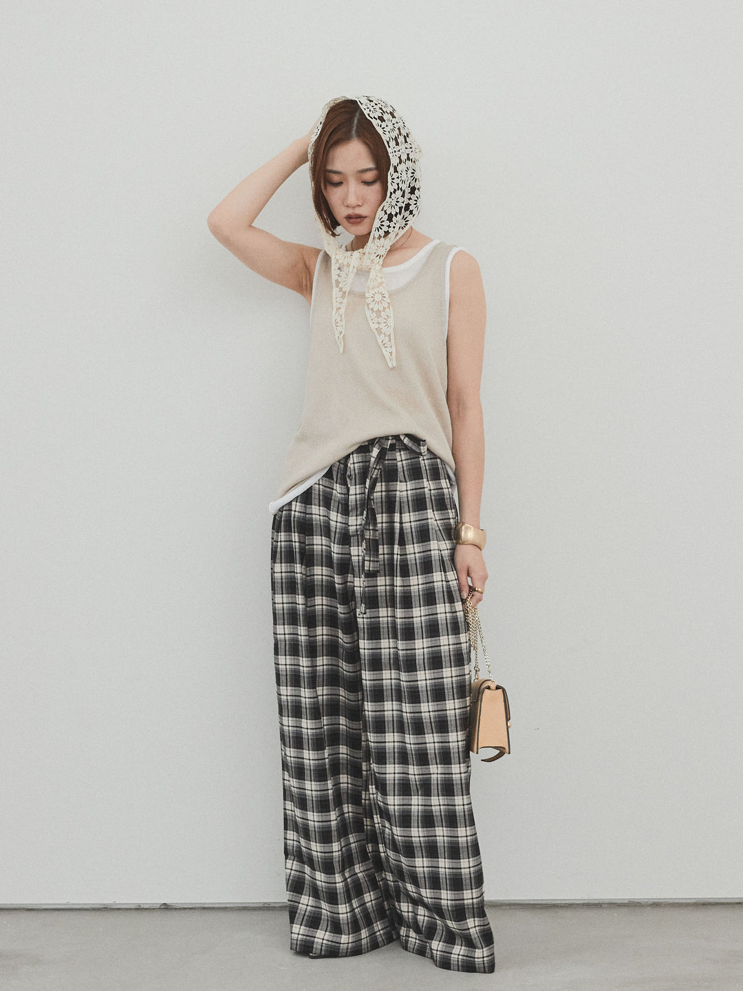 【SET】雙色疊穿針織背心+格紋寬褲（2套）