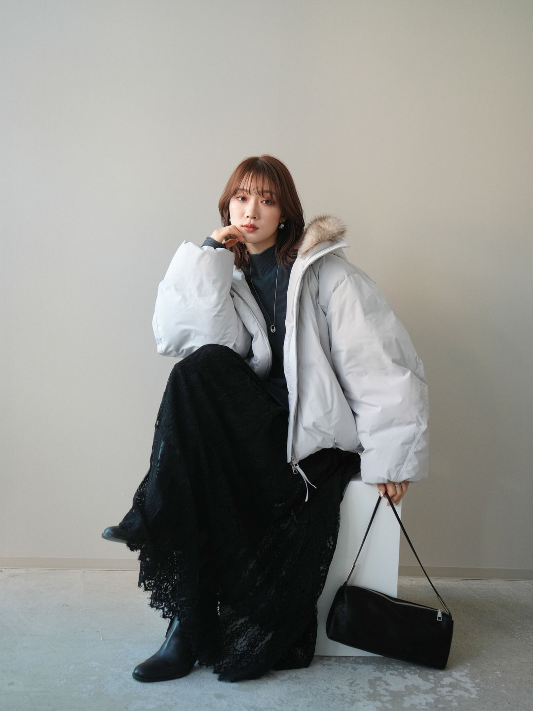 [予約]フードファーショートダウンコート/lightgray