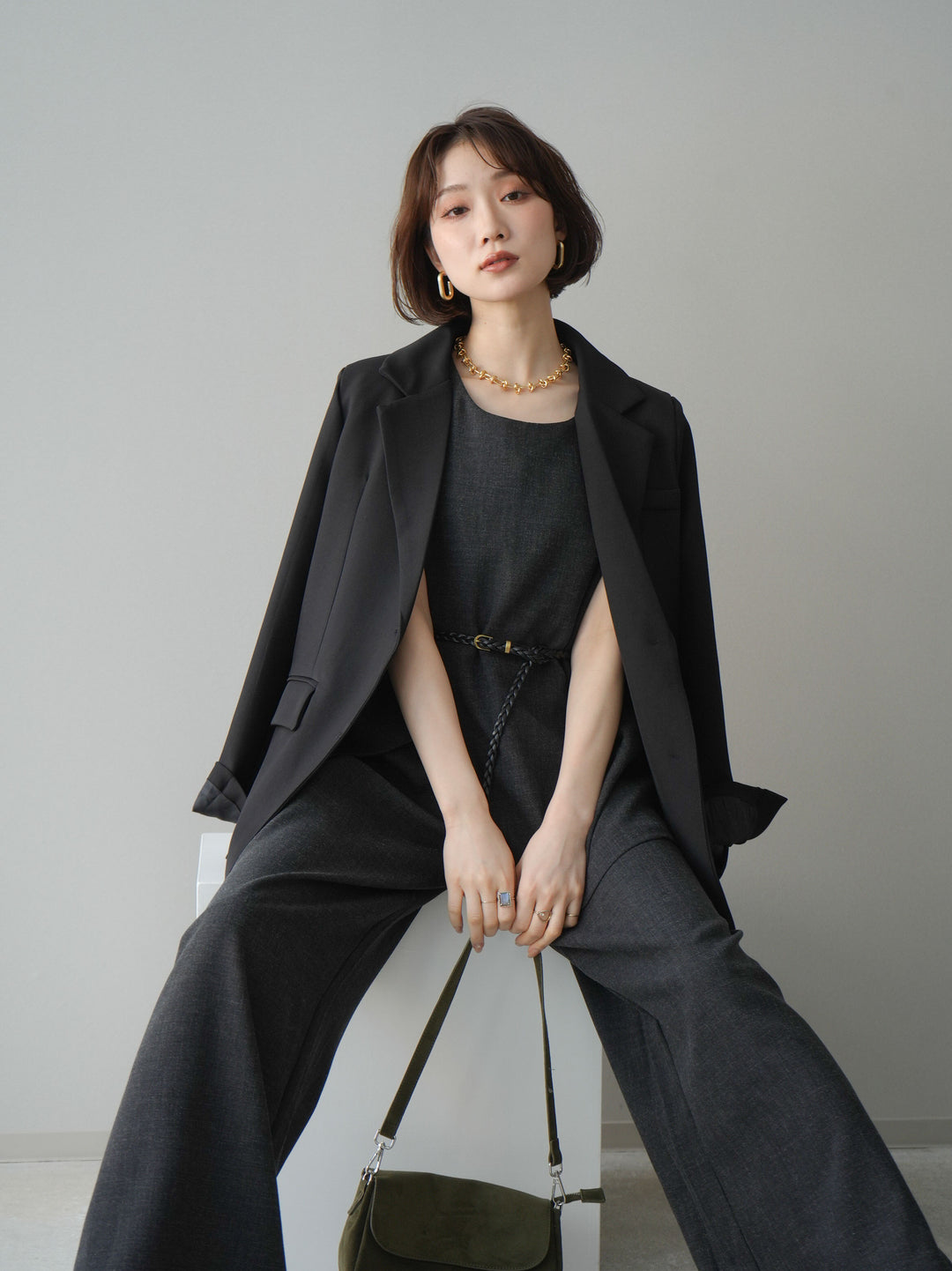 [SET]ベルト付ノースリーブトップス＆ワイドパンツSETUP