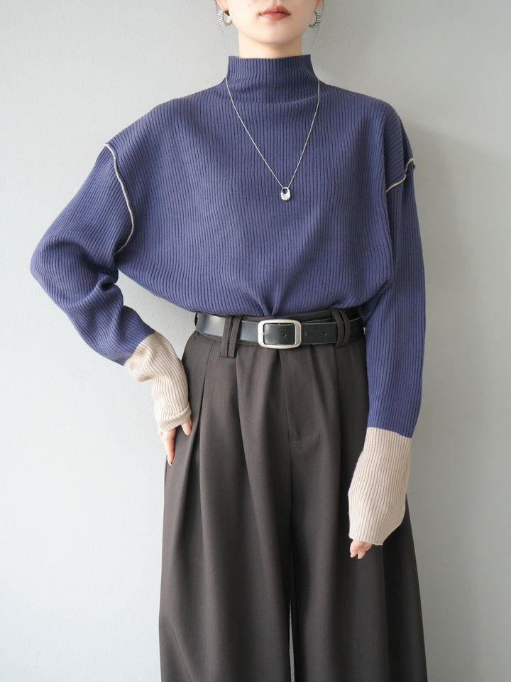 [予約]ボトルネック配色リブニットプルオーバー/アイアンブルー×ベージュ