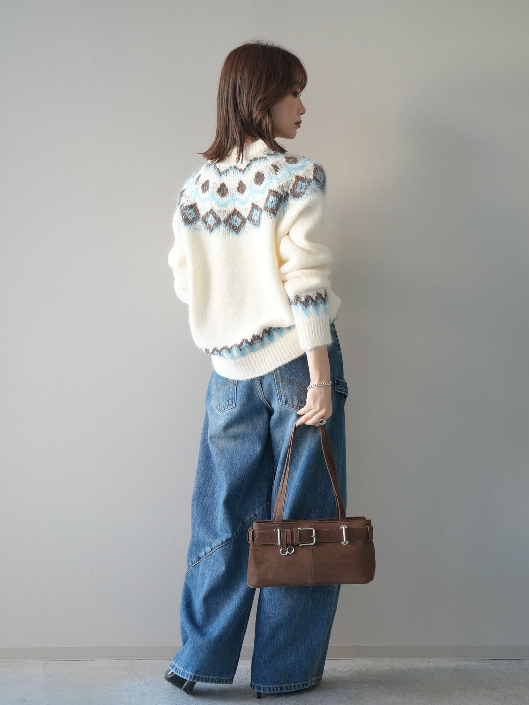 [SET]ソフトタッチ求心柄ニットプルオーバー+ペインターカーブデニムパンツ(2set)