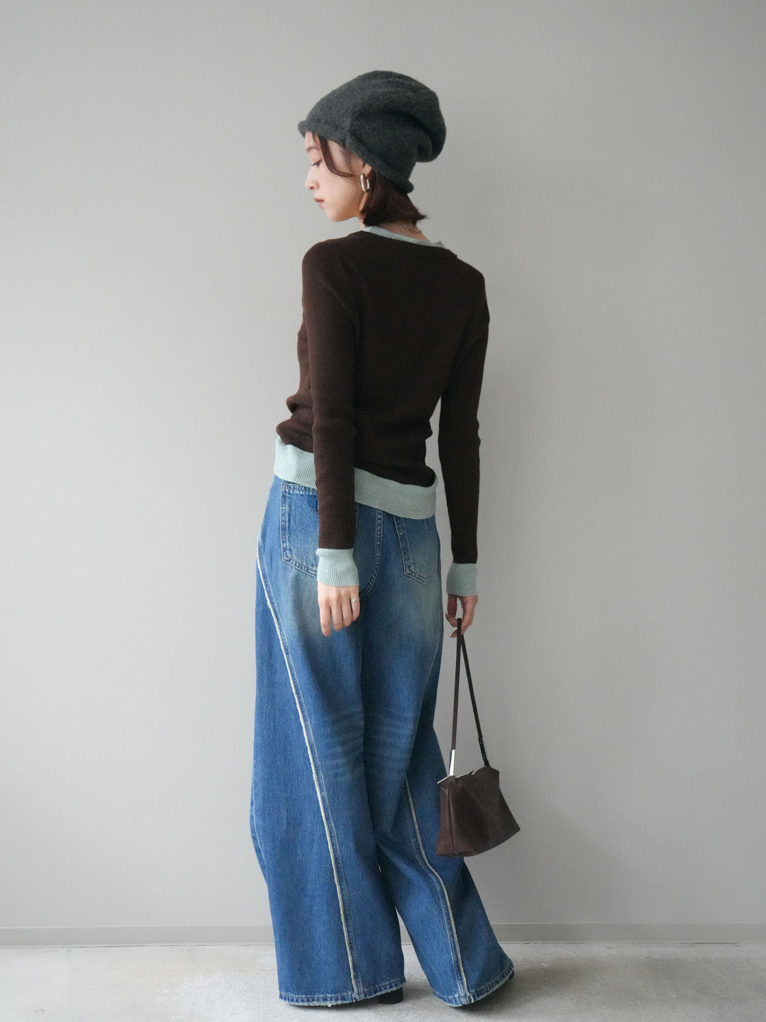 [SET]Uネック配色レイヤードリブニットトップス+サイドフリンジワイドデニムパンツ(2set)