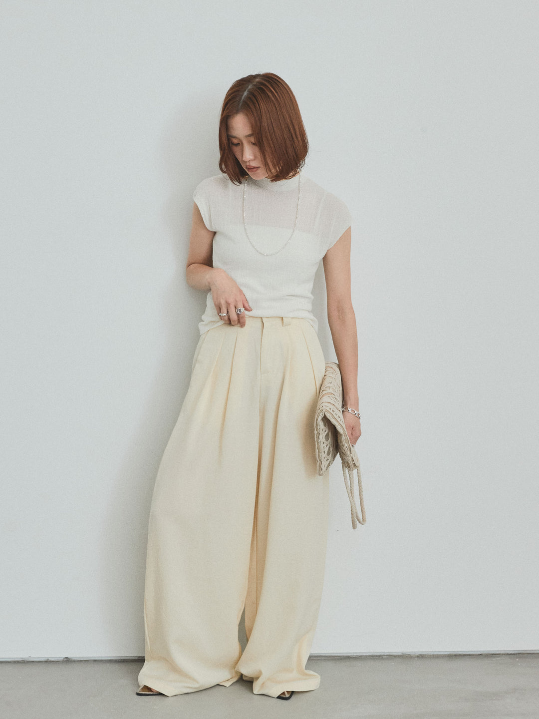 【預購】亞麻觸感褶皺寬褲/黃色