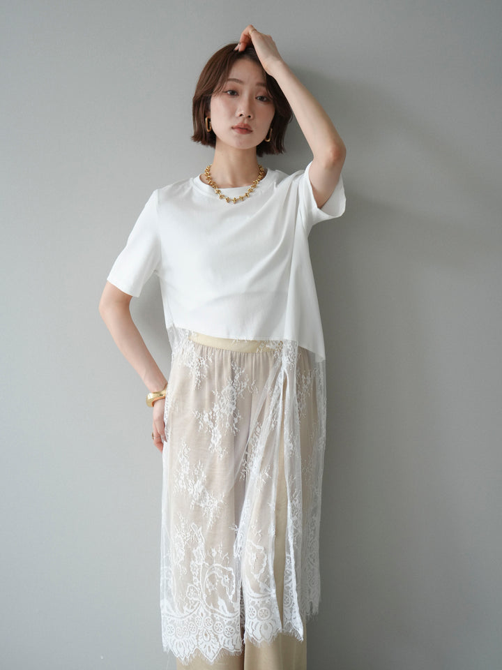 [SET]レースドッキングレイヤードワンピースTEE+とろみサテンイージーパンツ(2set)