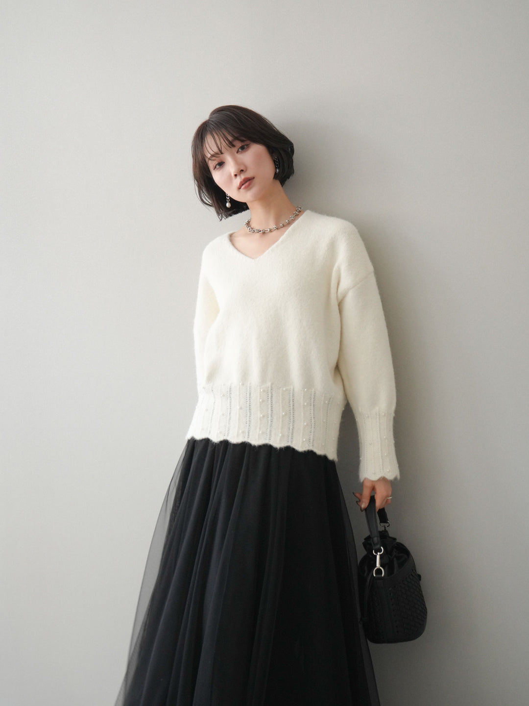 [SET]パールフリルリブヘムニットプルオーバー+選べるアクセセット(2set)