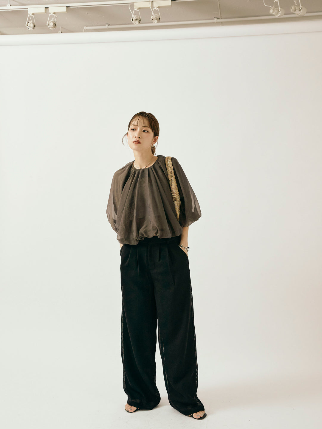 [予約]メッシュタックワイドパンツ/ブラック