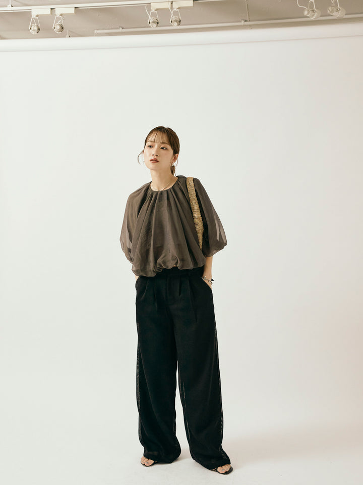 [予約]メッシュタックワイドパンツ/ブラック