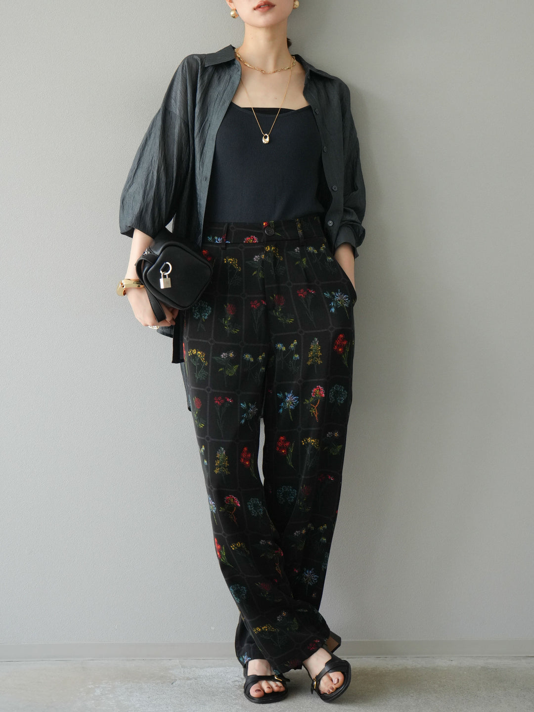 [予約]パッチワークフラワープリントイージーパンツ/ブラック