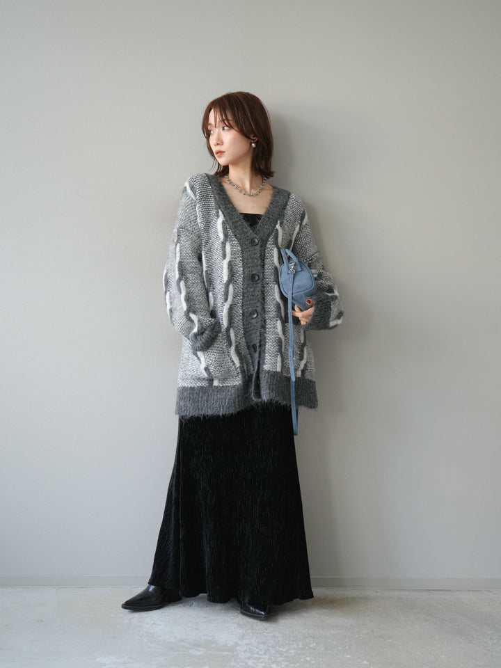 [SET]バイカラー編み込みデザインニットカーディガン+ベロアプリーツナロースカート(2set)