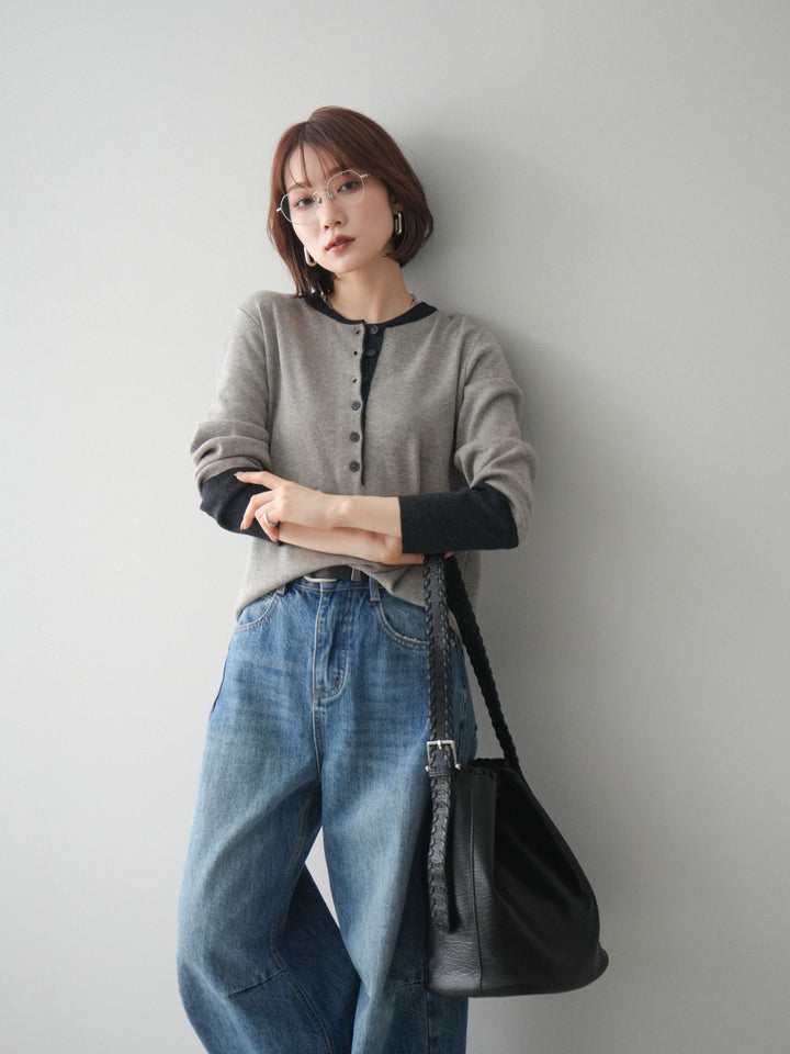 [SET]ヘンリーネック配色ニットソー+選べるアクセセット(2set)