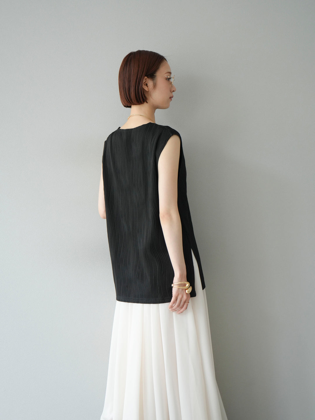 [SET]ウェーブパイピングVネックベスト+シフォンフレアスカート(2set)