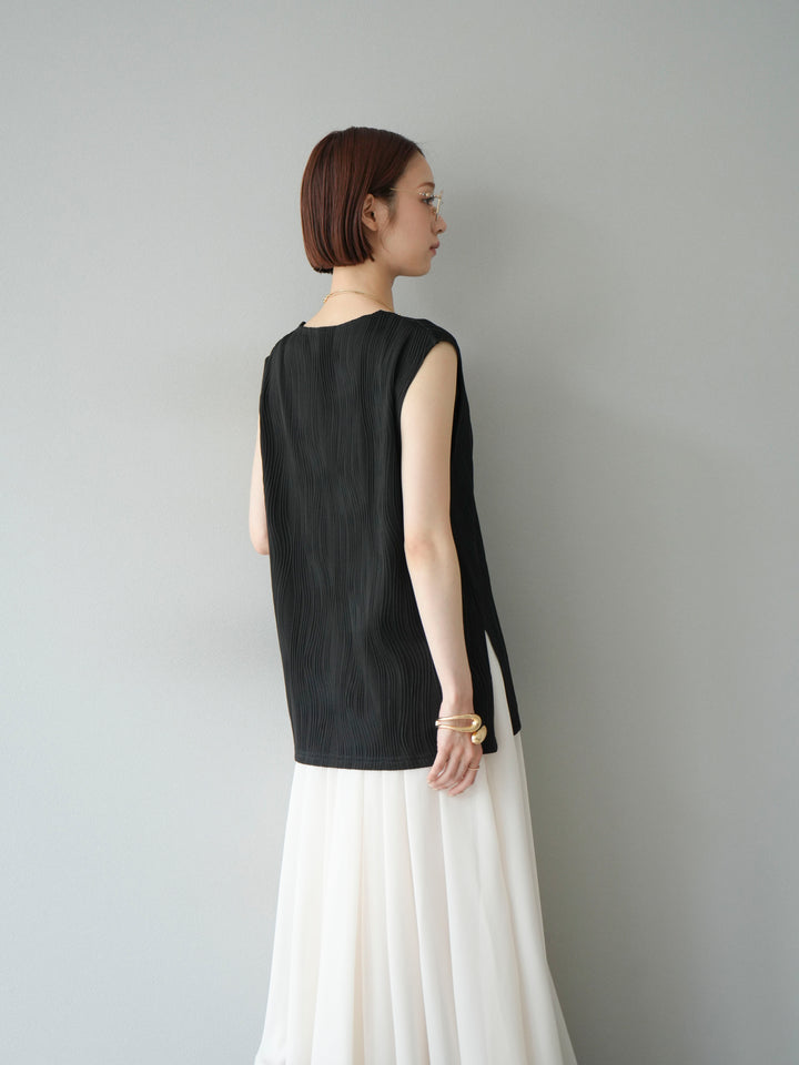 [SET]ウェーブパイピングVネックベスト+シフォンフレアスカート(2set)