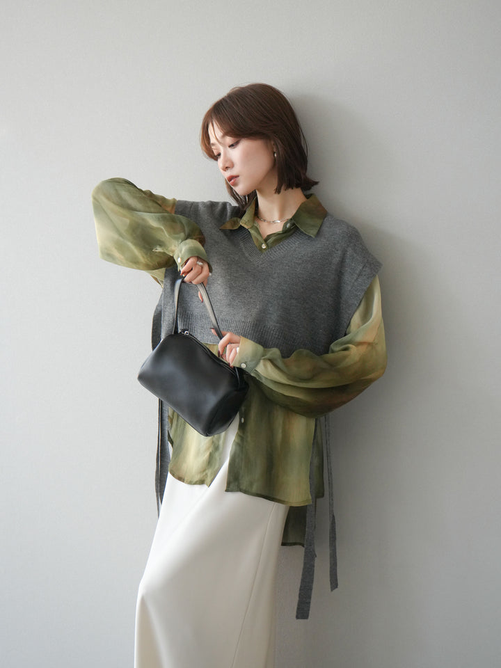 [予約]サイドリボンVネックショートニットベスト/チャコール