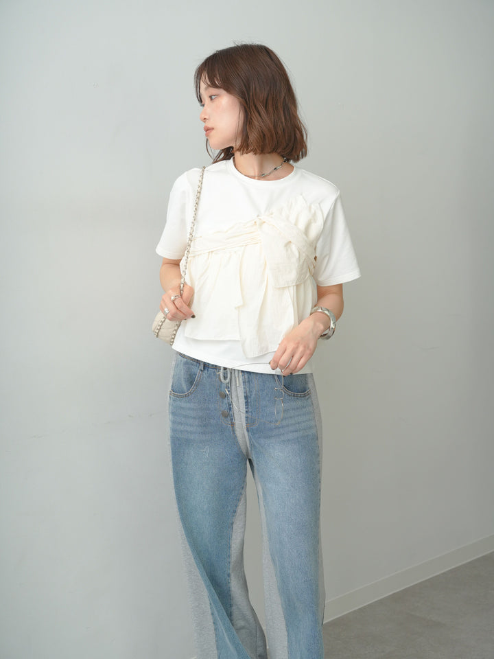 [SET]ナイロンドッキングツイストTEE +デニム切替スウェットパンツ(2set)