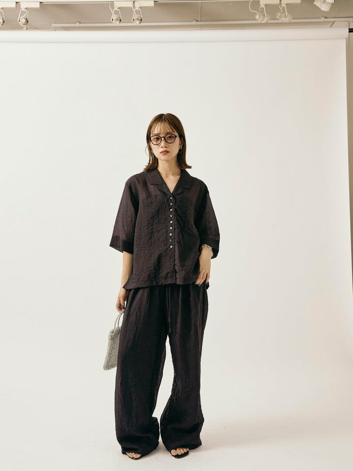 【Allure】[SET]シャイニースラブシアー開襟ハーフシャツ+シャイニースラブシアーワイドパンツ(2set)