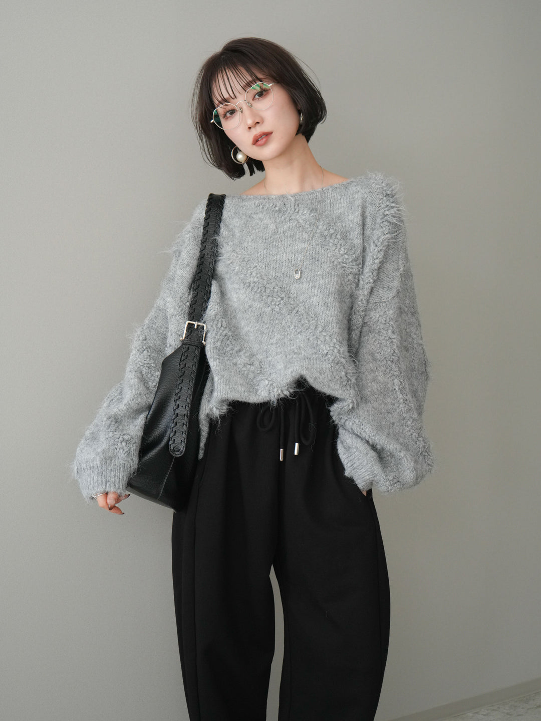 [SET]シャギーデザインニットプルオーバー+裾ZIPスエットワイドパンツ(2set)