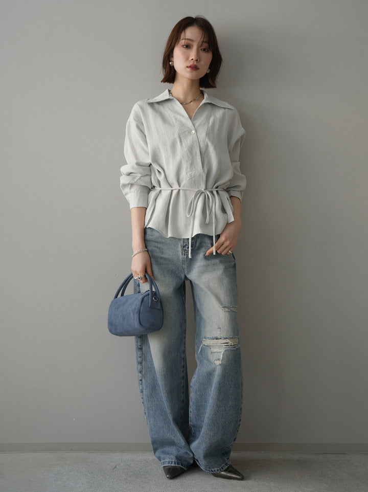 [SET]Vネック変形ラインシャツ+ダメージデニムセミワイドパンツ(2set)