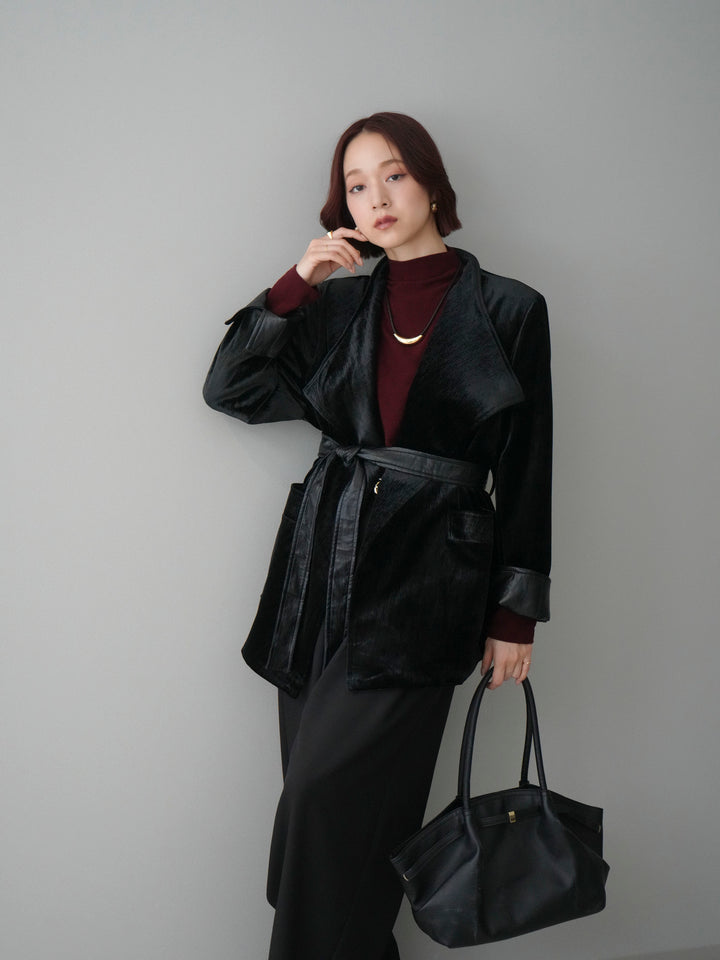【套裝】絲絨禮服外套+小領墊肩磨毛上衣+腰帶環設計闊腿褲（三件套）
