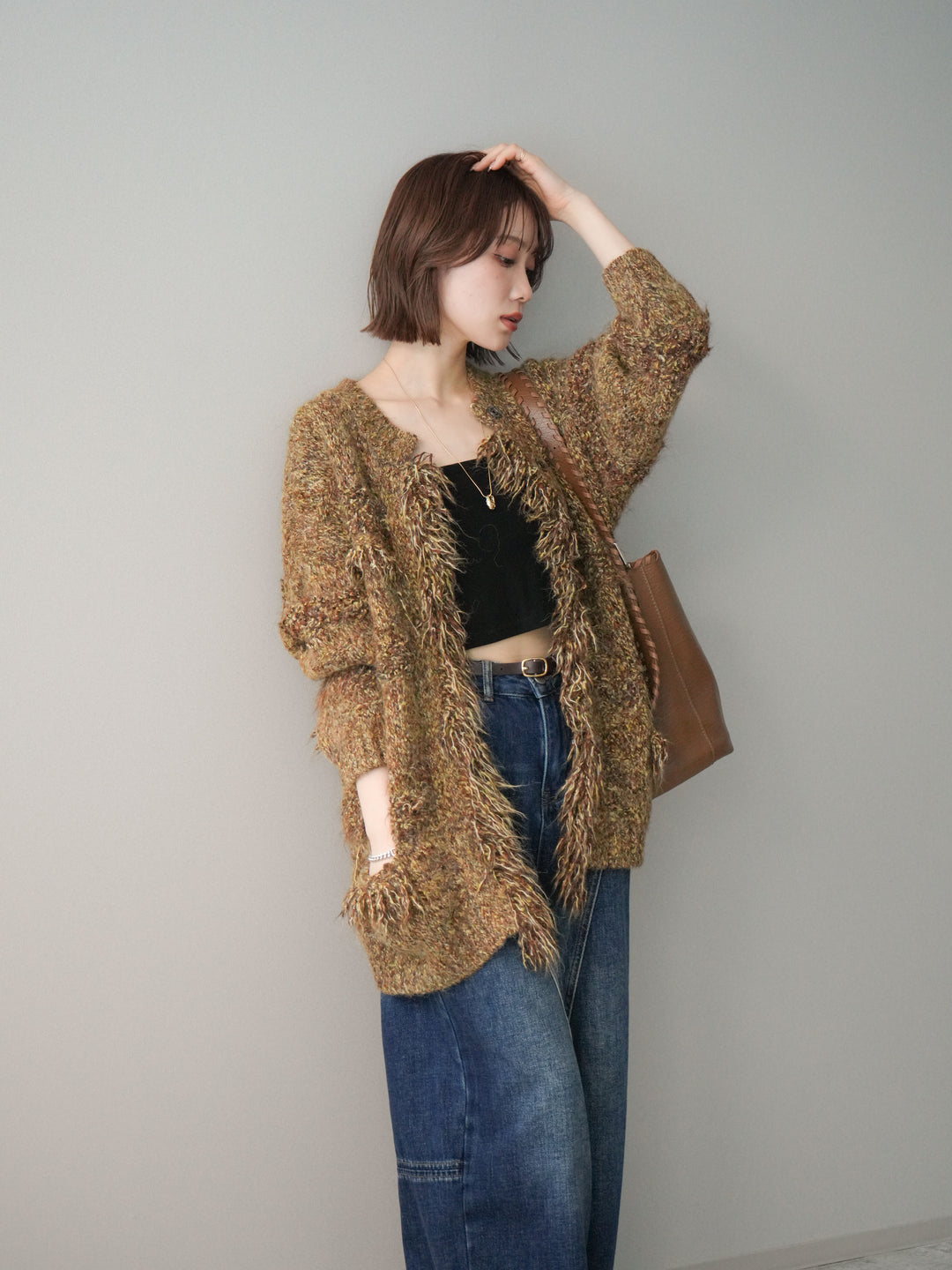 [SET]ミックスヤーンフリンジデザインニットジャケット+裏起毛加工デニムカーブパンツ(2set)