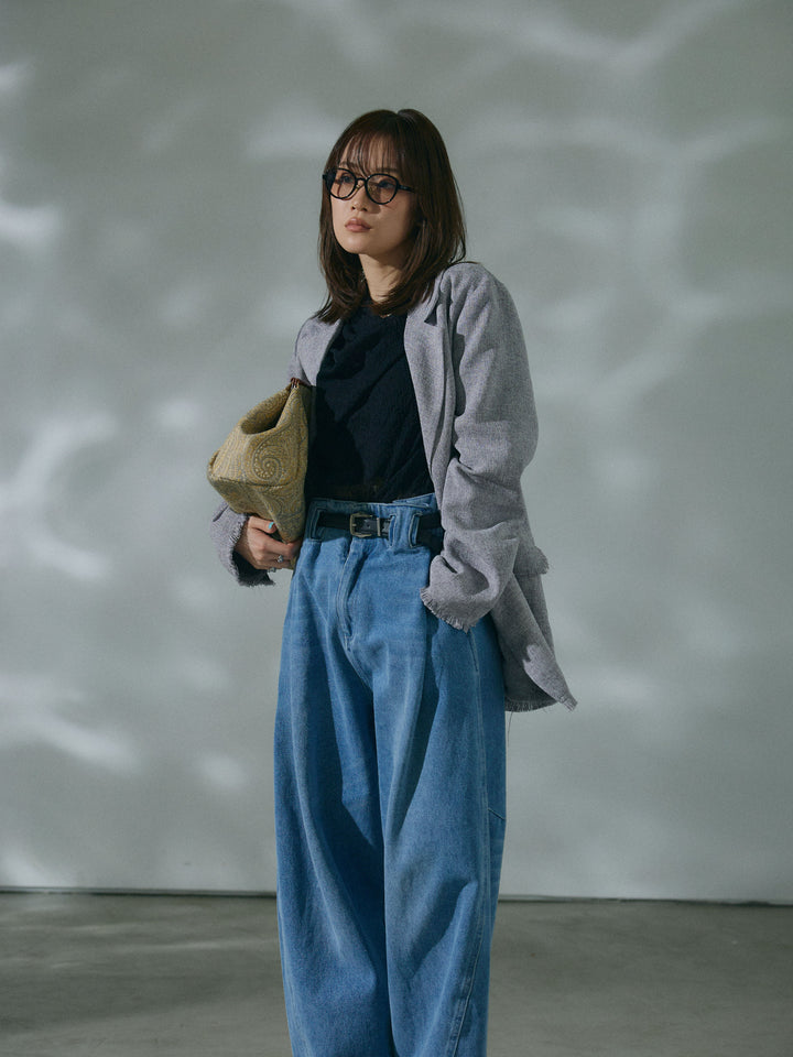 【Allure】[SET]スラブツイードフリンジテーラージャケット+ハイウエストベルトループデザインデニムパンツ(2set)