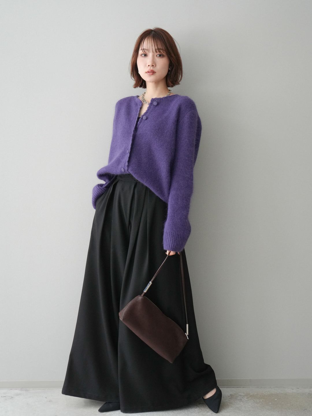 [SET]くるみボタンニットカーディガン+テープベルトタックバギーパンツ(2set)