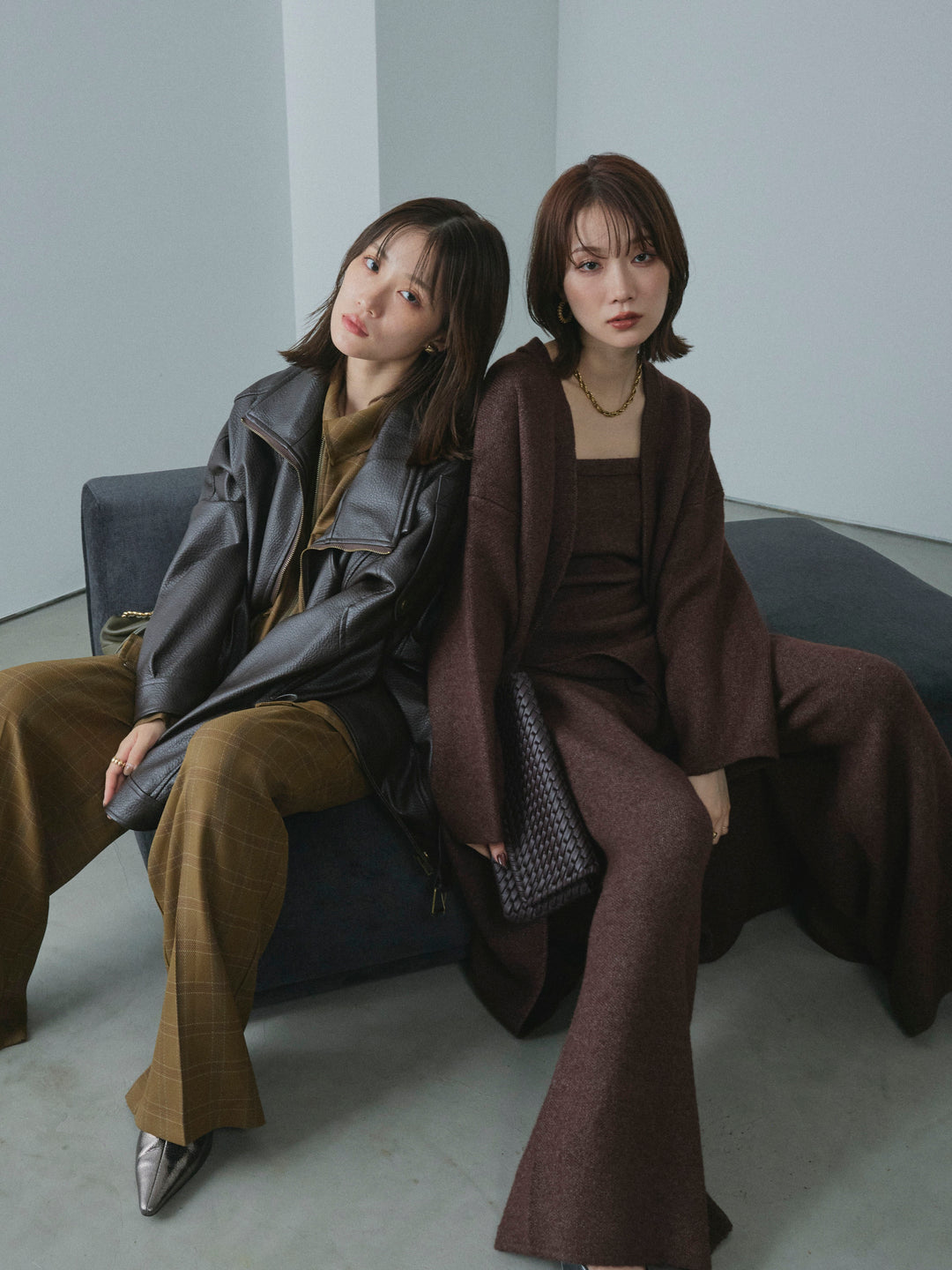 【Allure】[SET]スタンドカラーレザーブルゾン+杢チェックZIPシャツジャケット(2set)