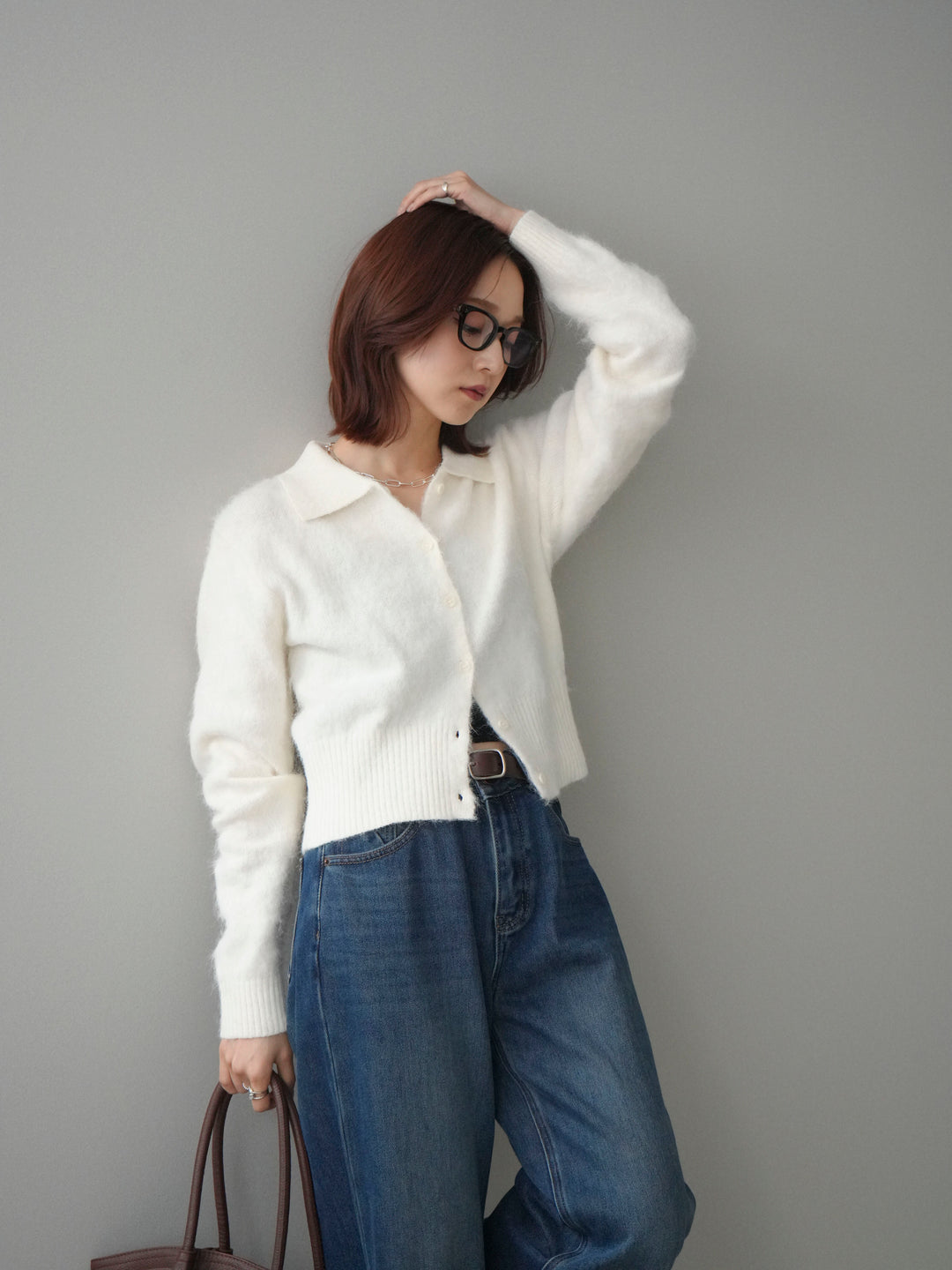 [SET]モヘア衿付きボタンプルオーバー+裏起毛裾フリンジワイドデニムパンツ(2set)