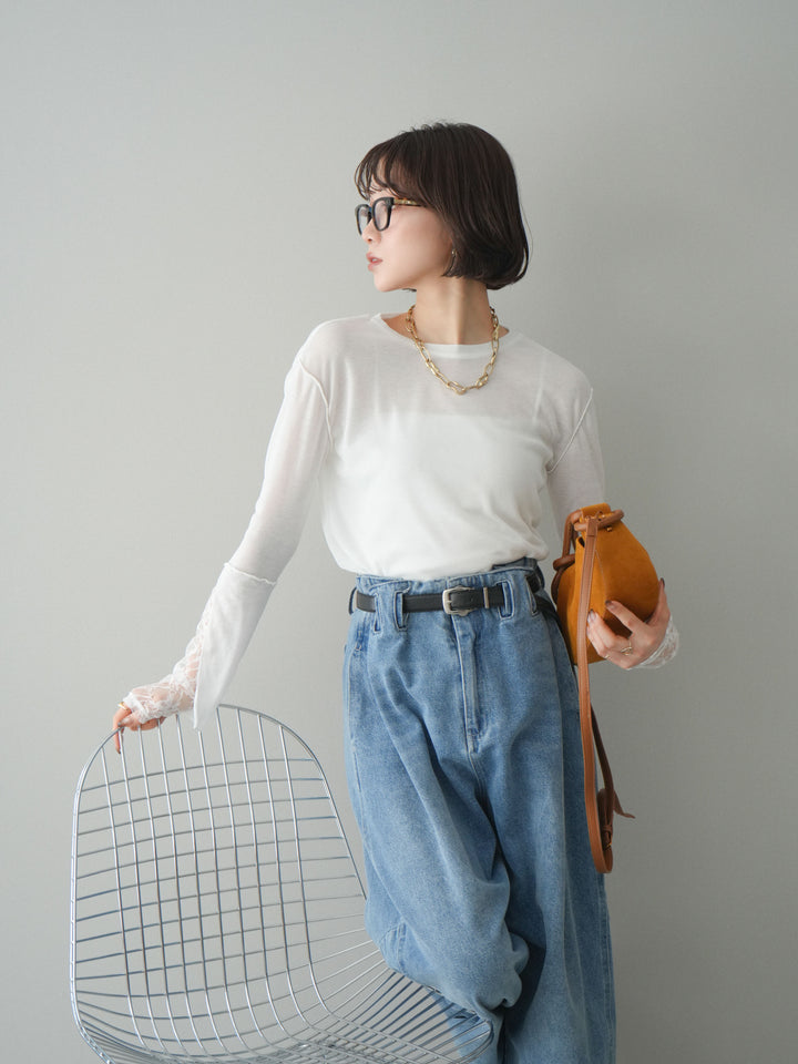 [SET]袖レースレイヤードデザインメロートップス+ハイウエストベルトループデザインデニムパンツ(2set)