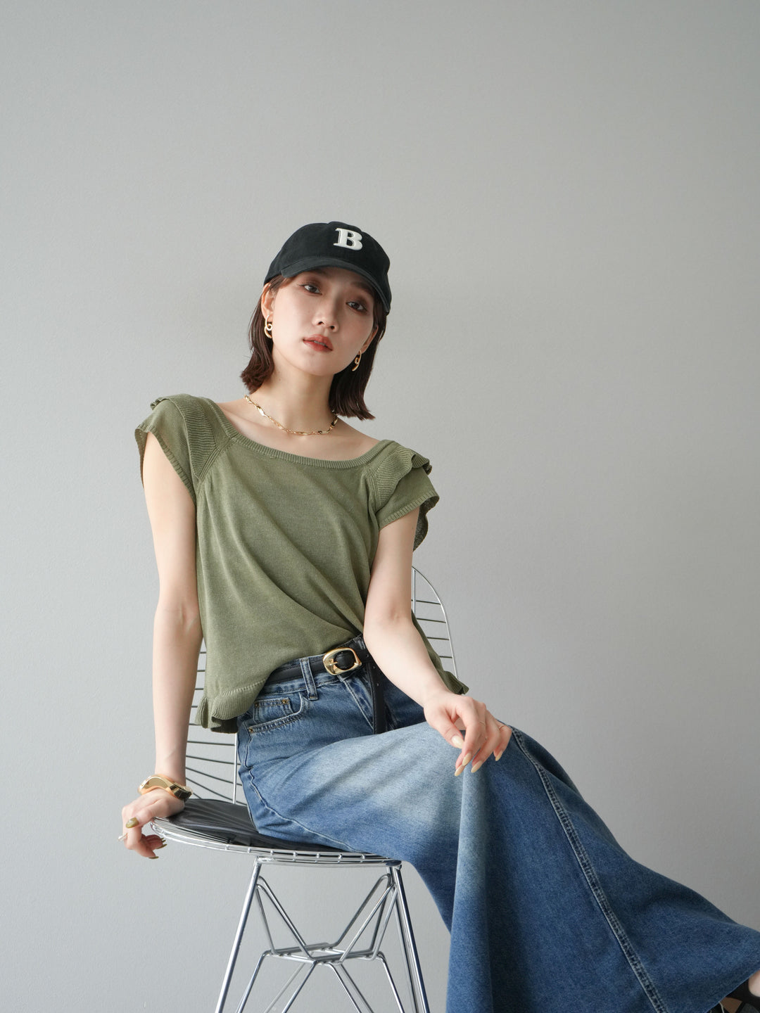 [予約]リネンタッチフリルニットタンクトップ/カーキ