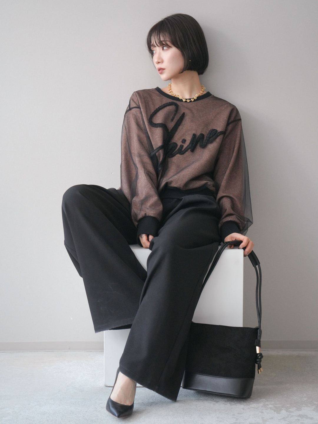 [SET]チュールレイヤードロゴスエットプルオーバー+選べるアクセセット(2set)