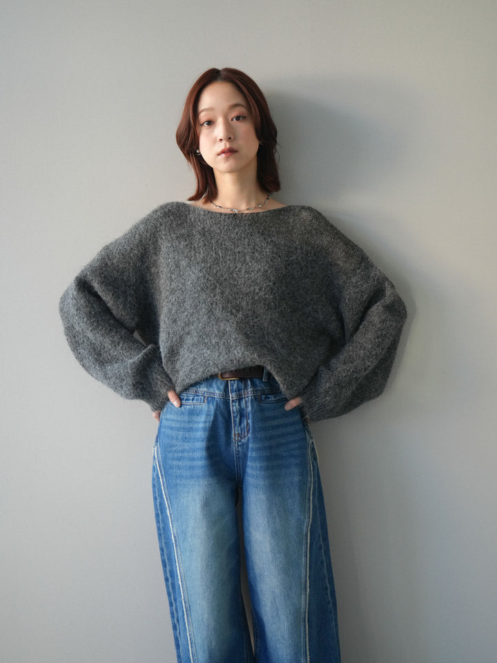 [SET]透かしデザインニットプルオーバー+サイドフリンジワイドデニムパンツ(2set)