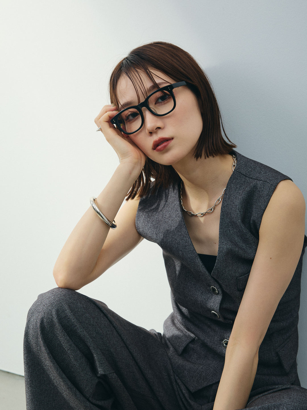 [SET]フラワーモチーフレースアップジレ＆ベルト付ワイドパンツSET UP(2set)