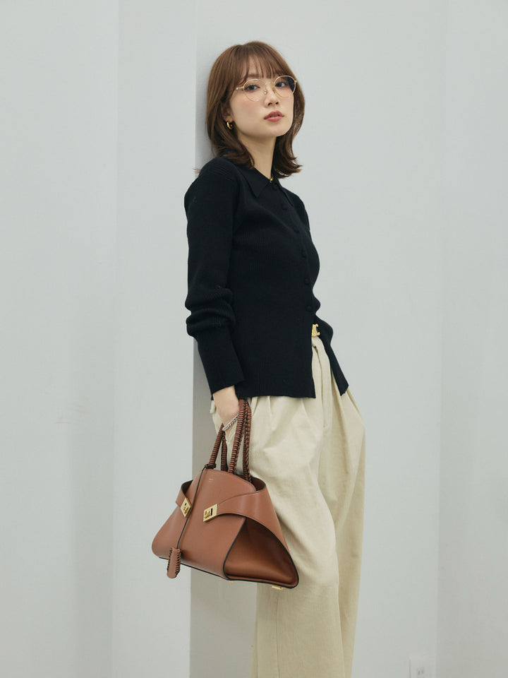 [予約]くるみボタンポロリブニットトップス/black