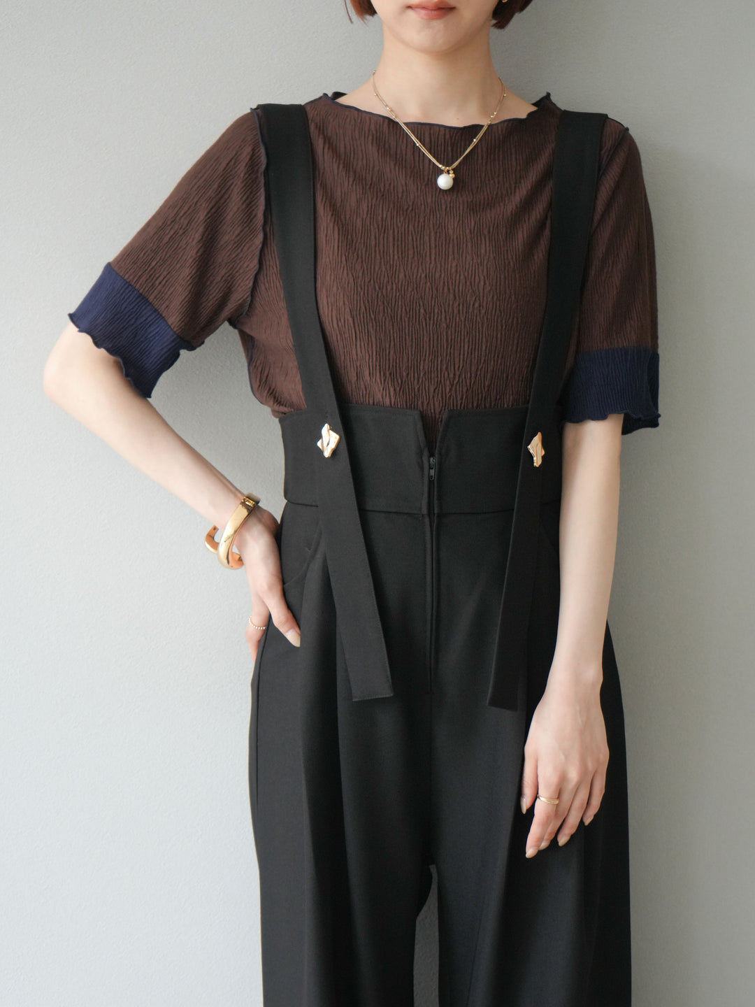 [SET]プリーツ配色ボートネックプルオーバー+ゴールドボタンサスペンダーワイドパンツ(2set)