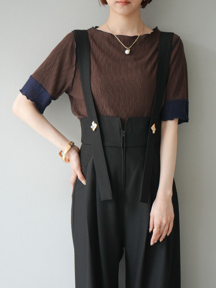 [SET]プリーツ配色ボートネックプルオーバー+ゴールドボタンサスペンダーワイドパンツ(2set)