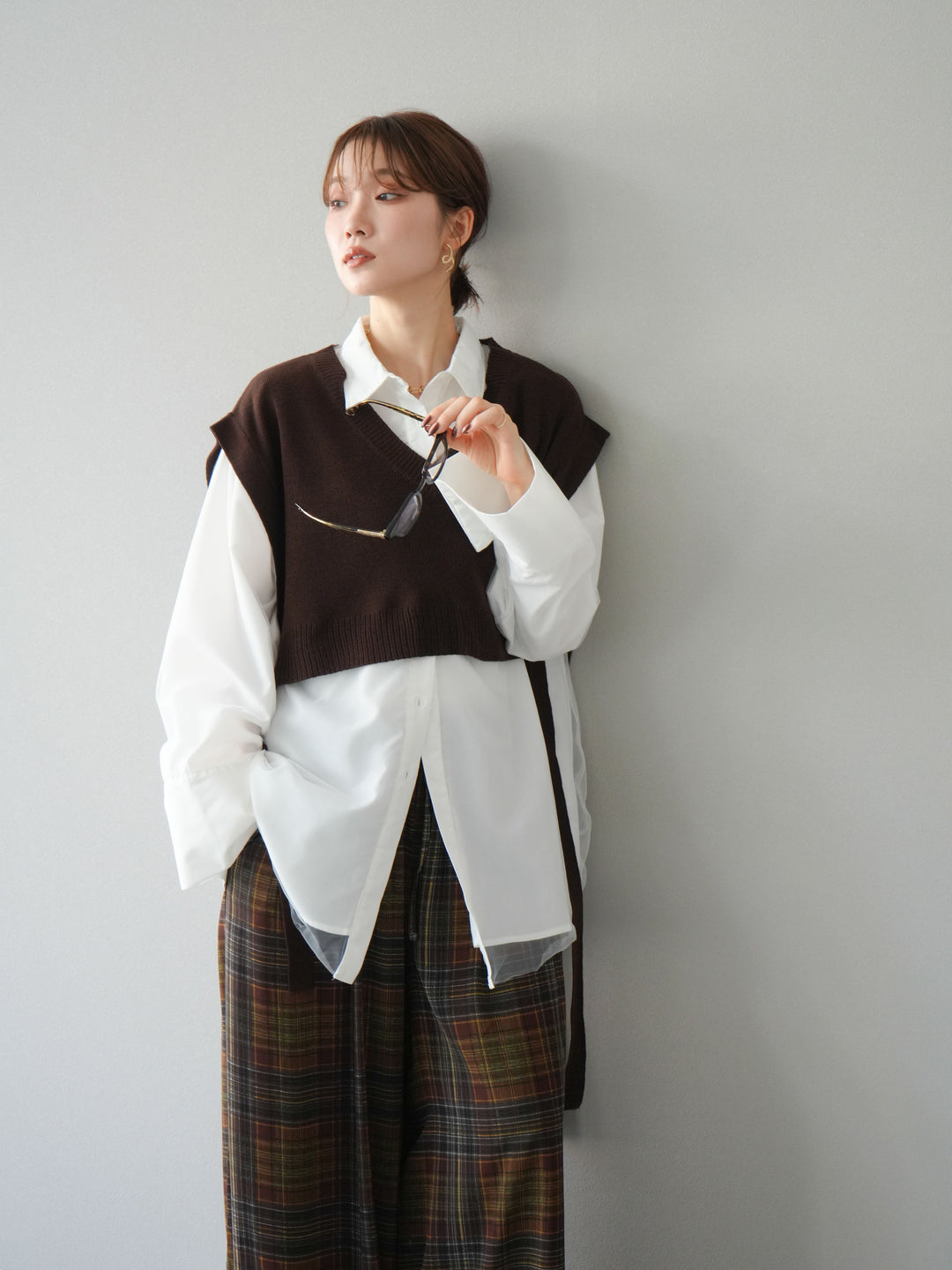[予約]サイドリボンVネックショートニットベスト/ブラウン