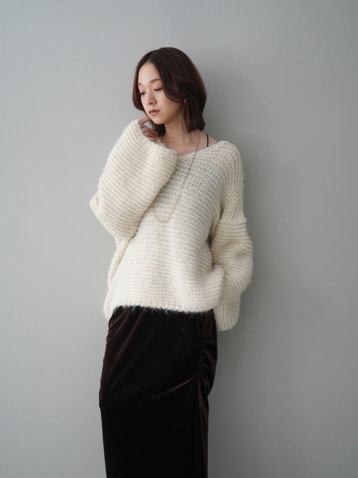 [SET]ワッフル編みシャギーニットプルオーバー+ギャザーベロアスカート(2set)