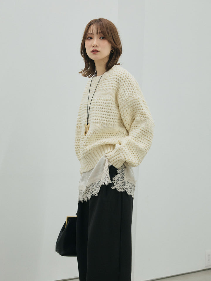 【Allure】[SET]ライン編みニットプルオーバー+ループデザインツイルワイドパンツ(2set)