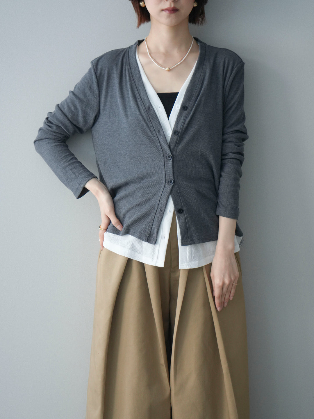 [予約]配色レイヤードカットリブカーディガン/gray